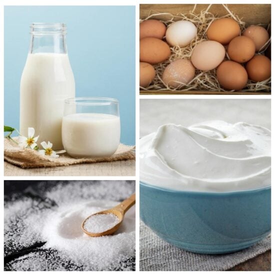 Інгредієнти для приготування домашнього сиру: цільнозбиране молоко, сметана, сіль, яйця