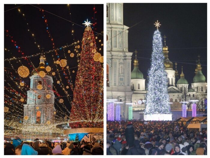 Новорічні ялинки на Софійській площі в різні роки: 2021-2022 рік та 2018-2019 рік